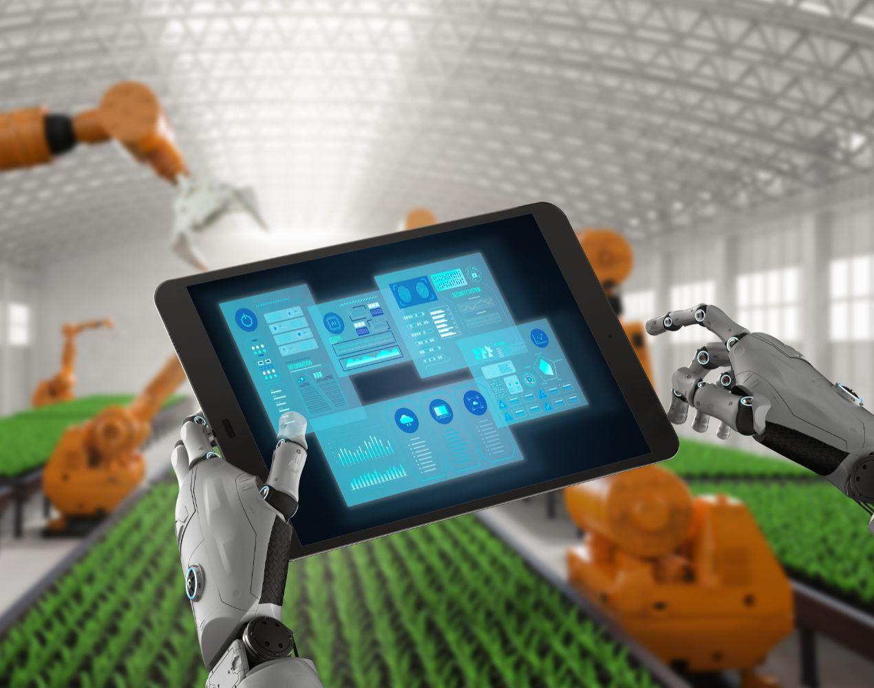 Avenir futuristique de l'industrie agroalimentaire. Robots et iPad pour la gestion